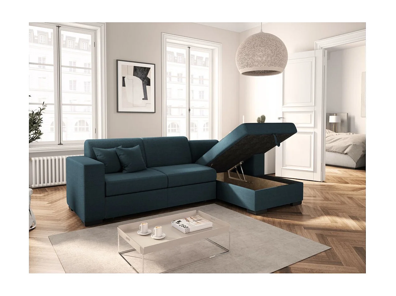 Canapé d'angle droit 4 places Fuji XL convertible avec coffre en tissu - Bleu pétrole - L262 x 157 x 83cm - Loungitude