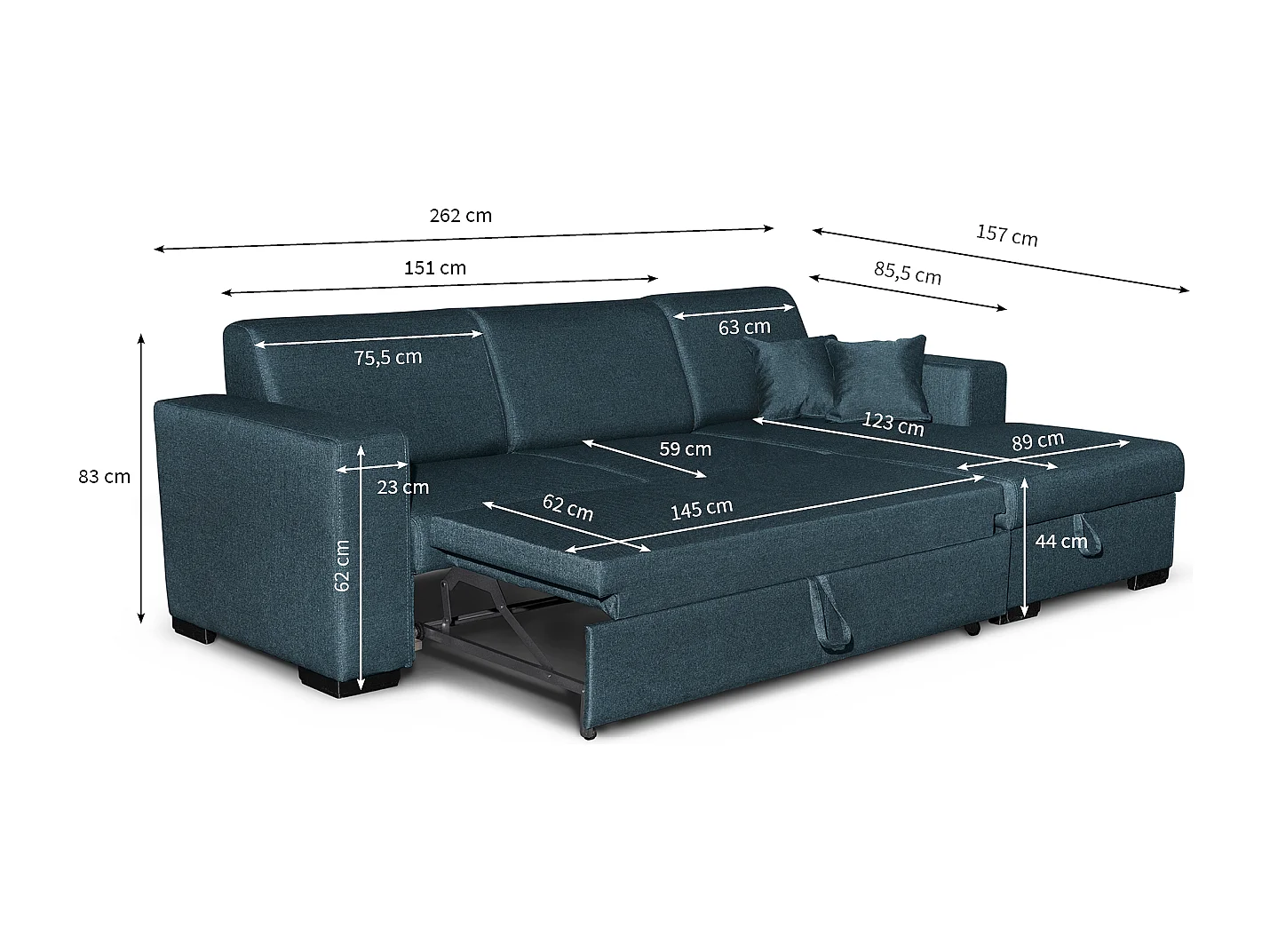 Canapé d'angle droit 4 places Fuji XL convertible avec coffre en tissu - Bleu pétrole - L262 x 157 x 83cm - Loungitude