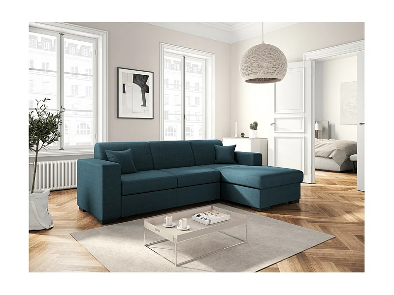 Canapé d'angle droit 4 places Fuji XL convertible avec coffre en tissu - Bleu pétrole - L262 x 157 x 83cm - Loungitude