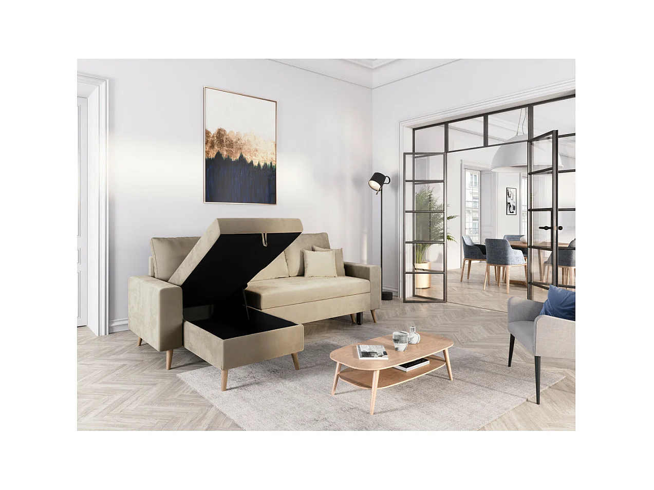 Canapé d'angle Maria scandinave réversible et convertible avec coffre en velours - Beige - L227 x 148 x 95cm - Loungitude