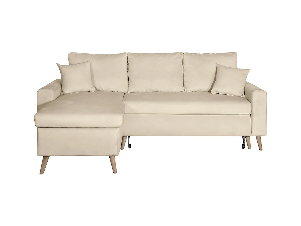 Canapé d'angle Maria scandinave réversible et convertible avec coffre en velours - Beige - L227 x 148 x 95cm - Loungitude