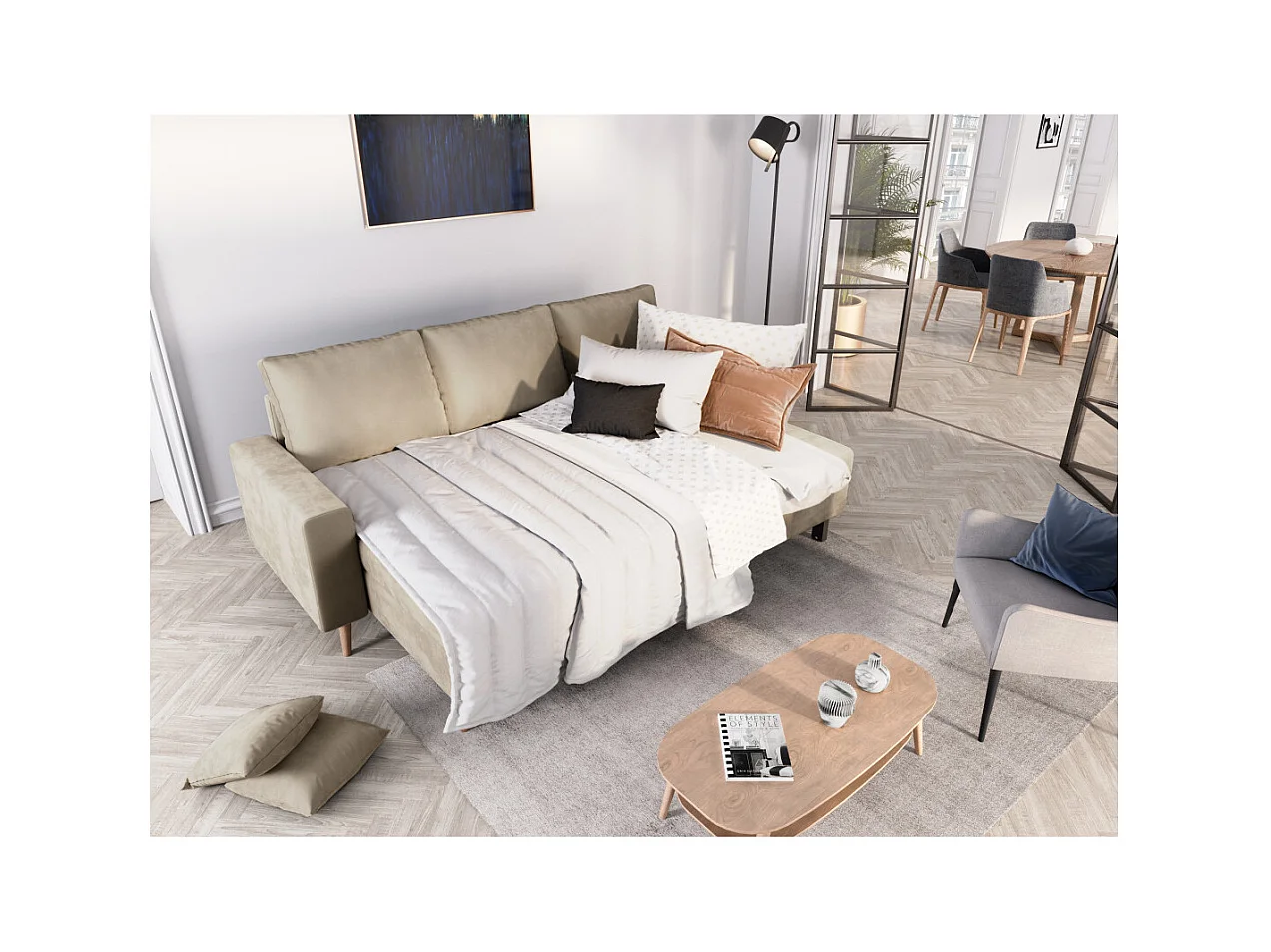 Canapé d'angle Maria scandinave réversible et convertible avec coffre en velours - Beige - L227 x 148 x 95cm - Loungitude