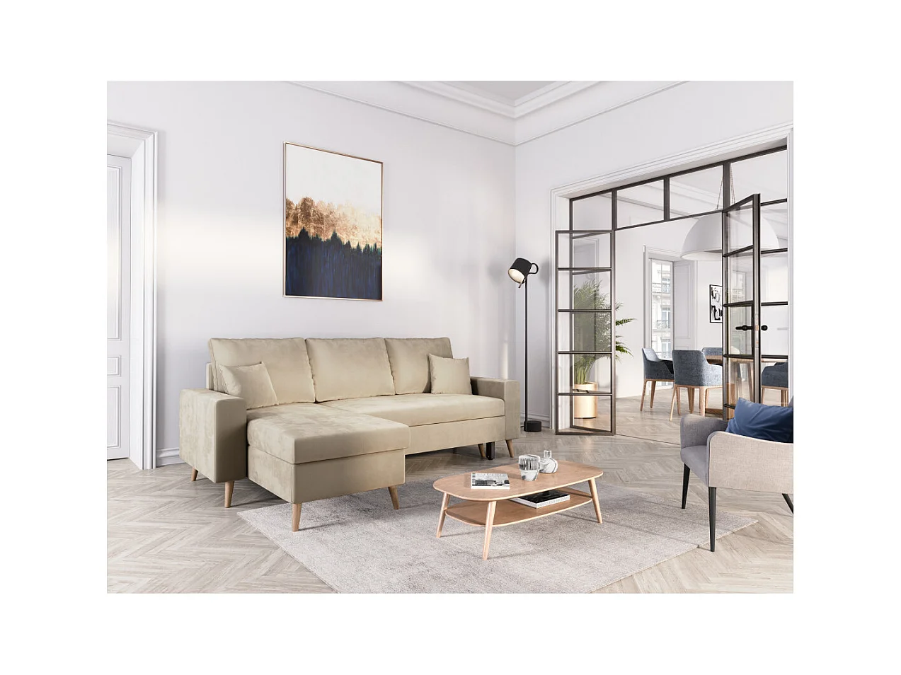 Canapé d'angle Maria scandinave réversible et convertible avec coffre en velours - Beige - L227 x 148 x 95cm - Loungitude