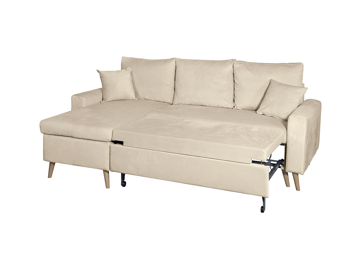 Canapé d'angle Maria scandinave réversible et convertible avec coffre en velours - Beige - L227 x 148 x 95cm - Loungitude