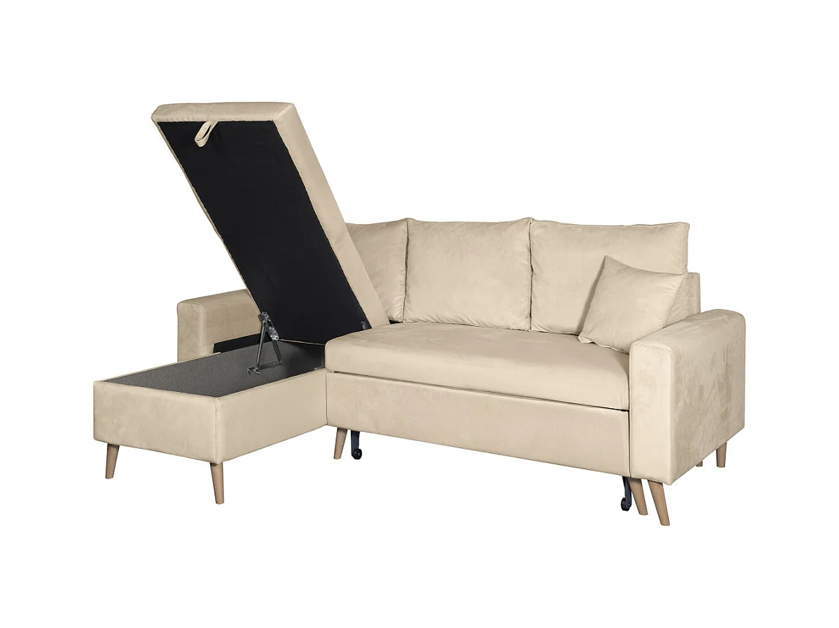 Canapé d'angle Maria scandinave réversible et convertible avec coffre en velours - Beige - L227 x 148 x 95cm - Loungitude