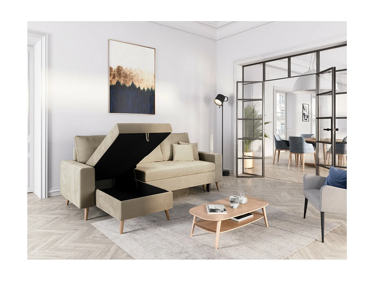 Canapé d'angle Maria scandinave réversible et convertible avec coffre en velours - Beige - L227 x 148 x 95cm - Loungitude