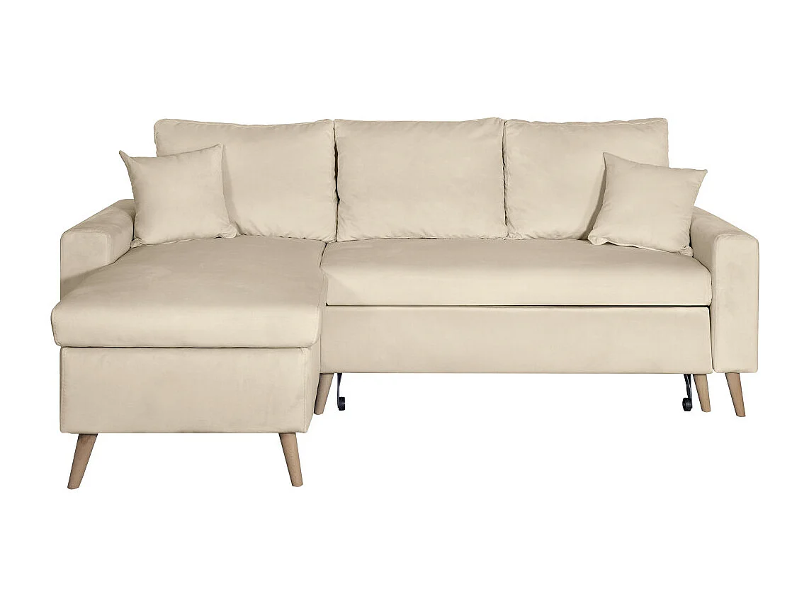 Canapé d'angle Maria scandinave réversible et convertible avec coffre en velours - Beige - L227 x 148 x 95cm - Loungitude