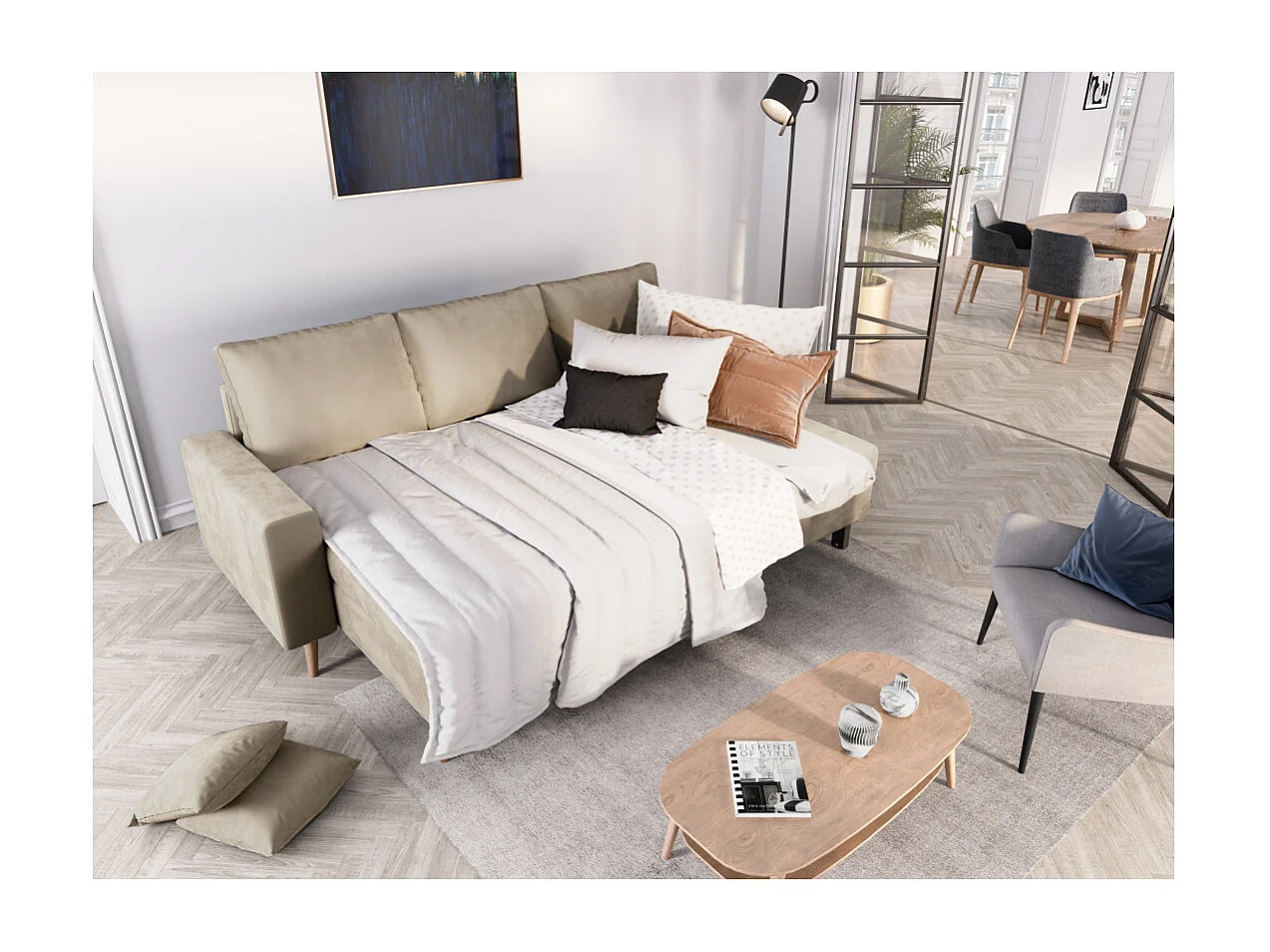 Canapé d'angle Maria scandinave réversible et convertible avec coffre en velours - Beige - L227 x 148 x 95cm - Loungitude