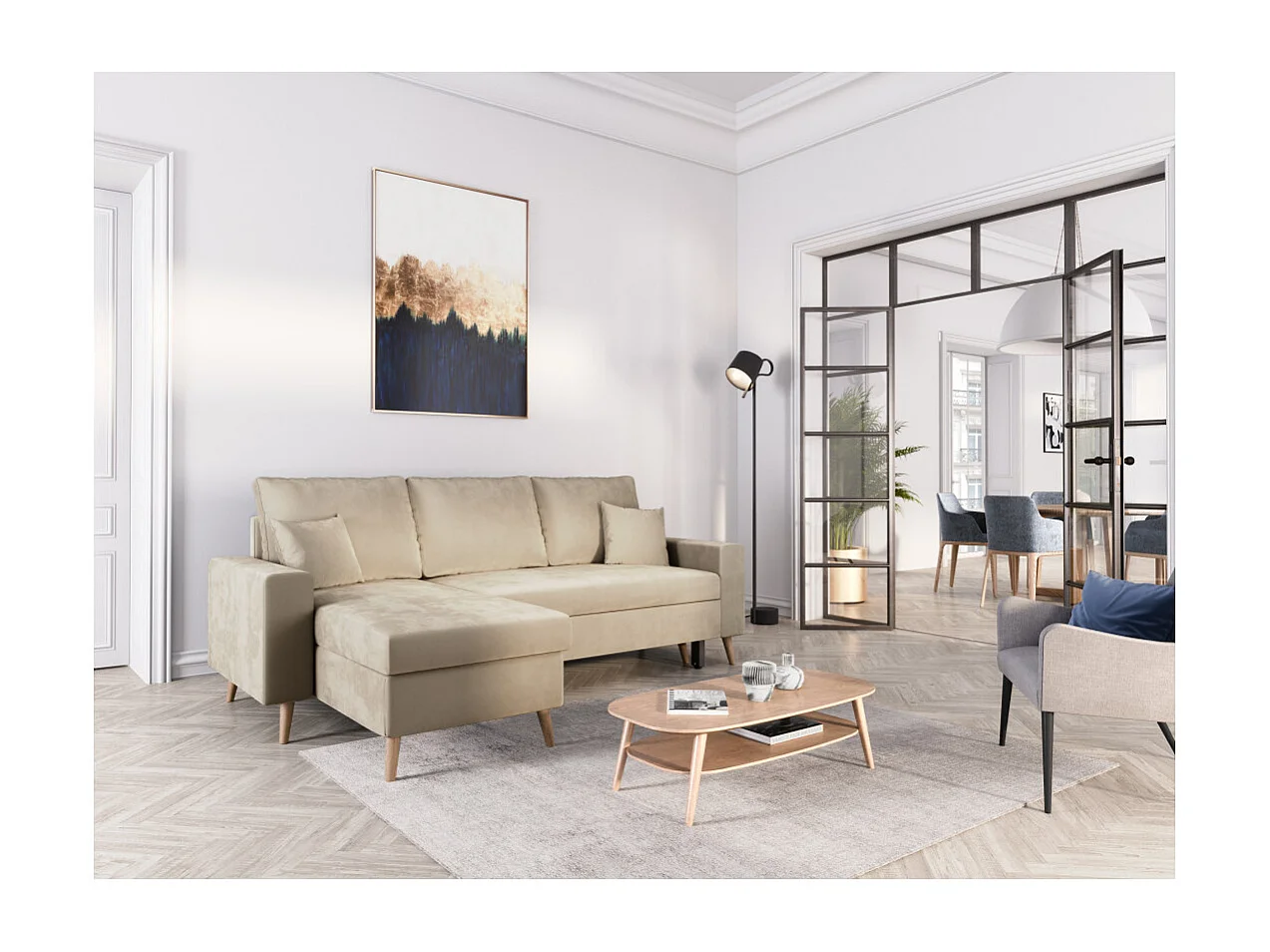 Canapé d'angle Maria scandinave réversible et convertible avec coffre en velours - Beige - L227 x 148 x 95cm - Loungitude