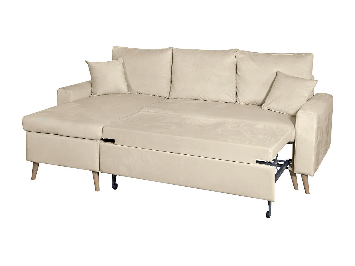 Canapé d'angle Maria scandinave réversible et convertible avec coffre en velours - Beige - L227 x 148 x 95cm - Loungitude