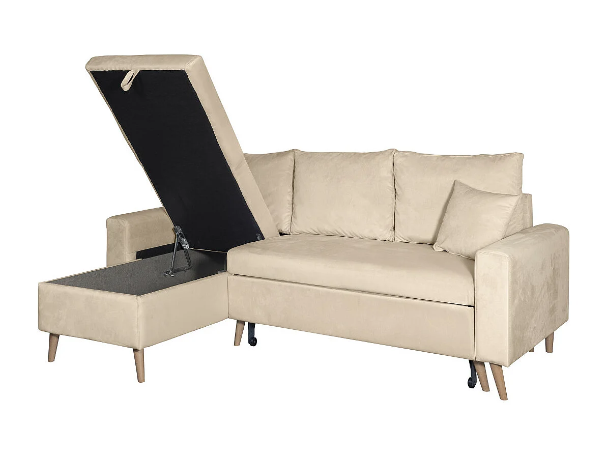 Canapé d'angle Maria scandinave réversible et convertible avec coffre en velours - Beige - L227 x 148 x 95cm - Loungitude