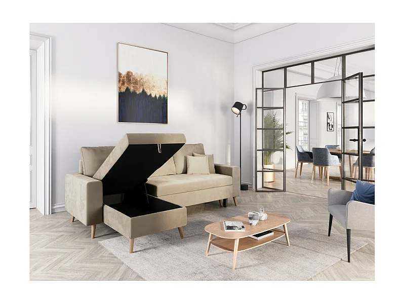 Canapé d'angle Maria scandinave réversible et convertible avec coffre en velours - Beige - L227 x 148 x 95cm - Loungitude