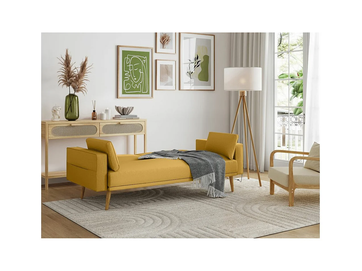 Canapé droit scandinave Elga convertible 3 places en tissu - Jaune - L205 x 87 x 85cm - Loungitude