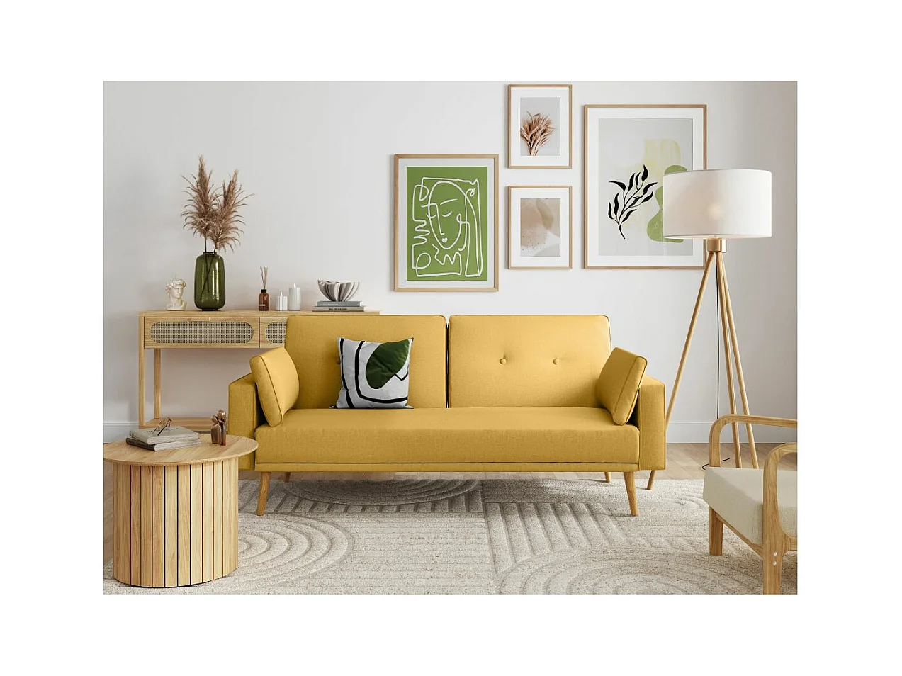 Canapé droit scandinave Elga convertible 3 places en tissu - Jaune - L205 x 87 x 85cm - Loungitude