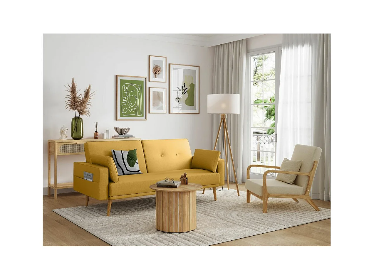 Canapé droit scandinave Elga convertible 3 places en tissu - Jaune - L205 x 87 x 85cm - Loungitude