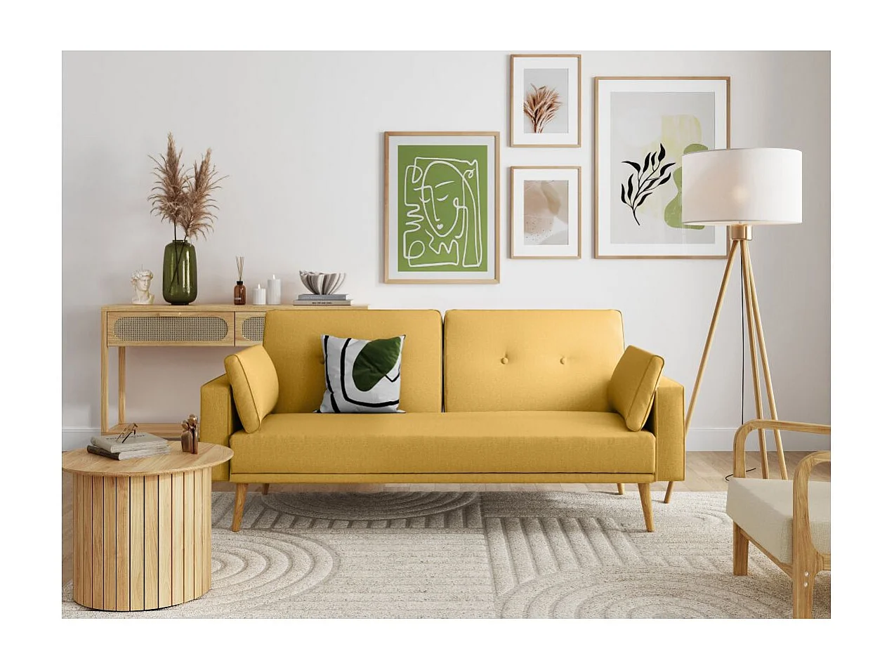 Canapé convertible clic-clac 3 places en tissu jaune ELGA 205x87x85 cm
