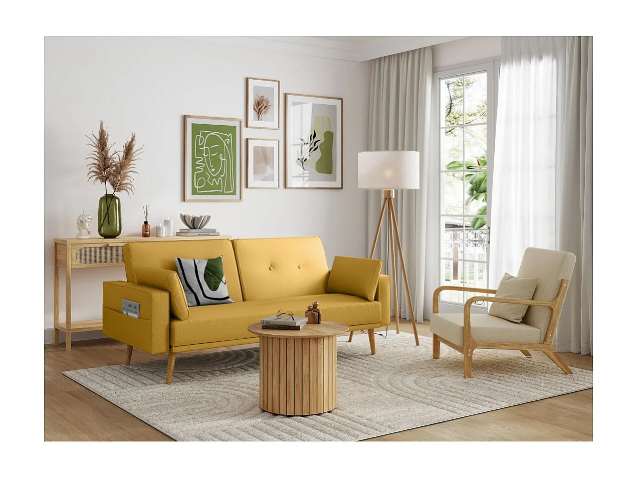 Canapé convertible clic-clac 3 places en tissu jaune ELGA 205x87x85 cm