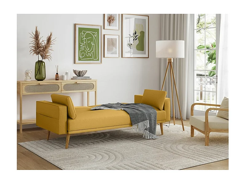 Canapé droit scandinave Elga convertible 3 places en tissu - Jaune - L205 x 87 x 85cm - Loungitude