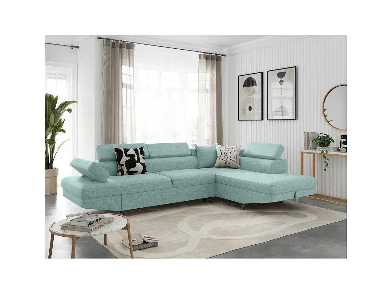 Canapé d'angle droit 5 places Rio Convertible avec coffre en tissu - Bleu clair - L271 x P192 x H70cm - Loungitude