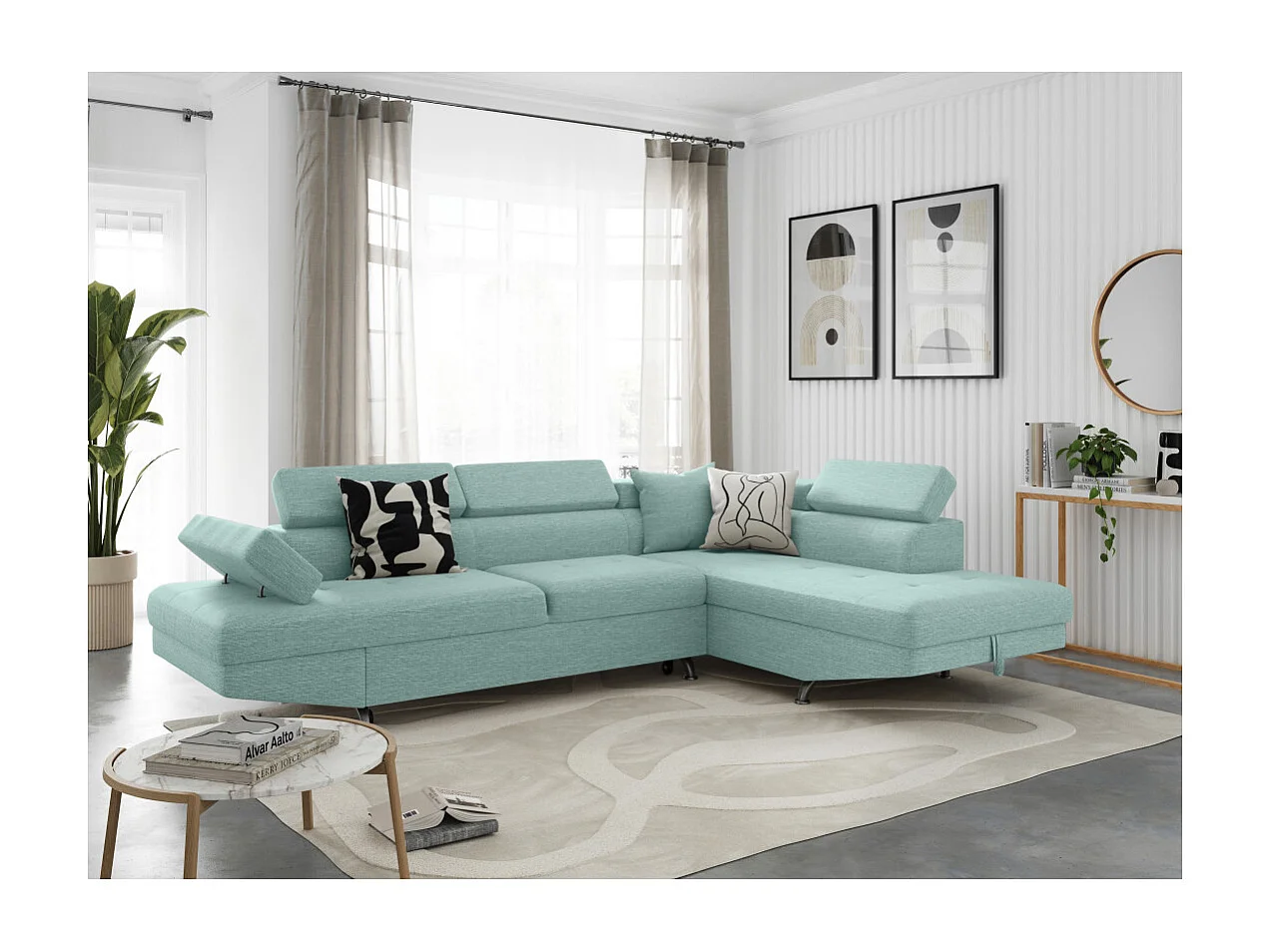 Canapé d'angle droit 5 places Rio convertible avec coffre en tissu - Bleu clair - L271 x P192 x H70cm - Loungitude