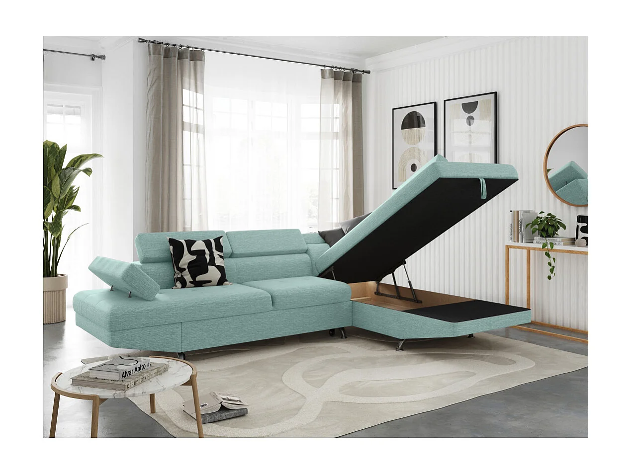 Canapé d'angle droit 5 places Rio convertible avec coffre en tissu - Bleu clair - L271 x P192 x H70cm - Loungitude
