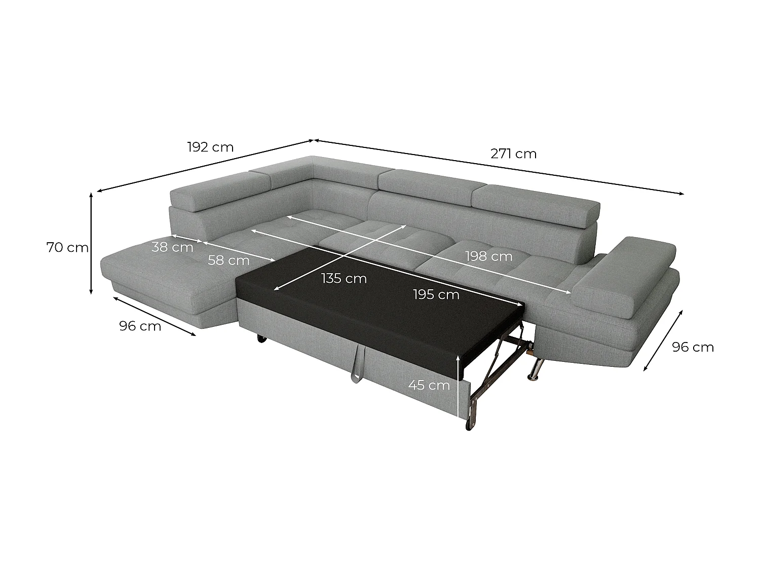 Canapé d'angle droit 5 places Rio convertible avec coffre en tissu - Bleu clair - L271 x P192 x H70cm - Loungitude