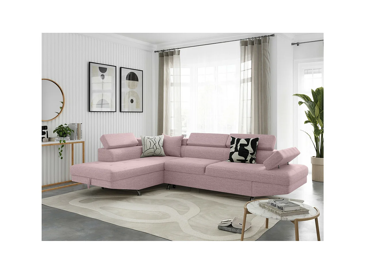 Canapé d'angle gauche 5 places Rio Convertible avec coffre en tissu - Vieux rose - L271 x P192 x H70cm - Loungitude
