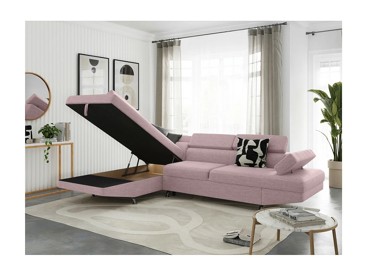 Canapé d'angle gauche 5 places Rio Convertible avec coffre en tissu - Vieux rose - L271 x P192 x H70cm - Loungitude