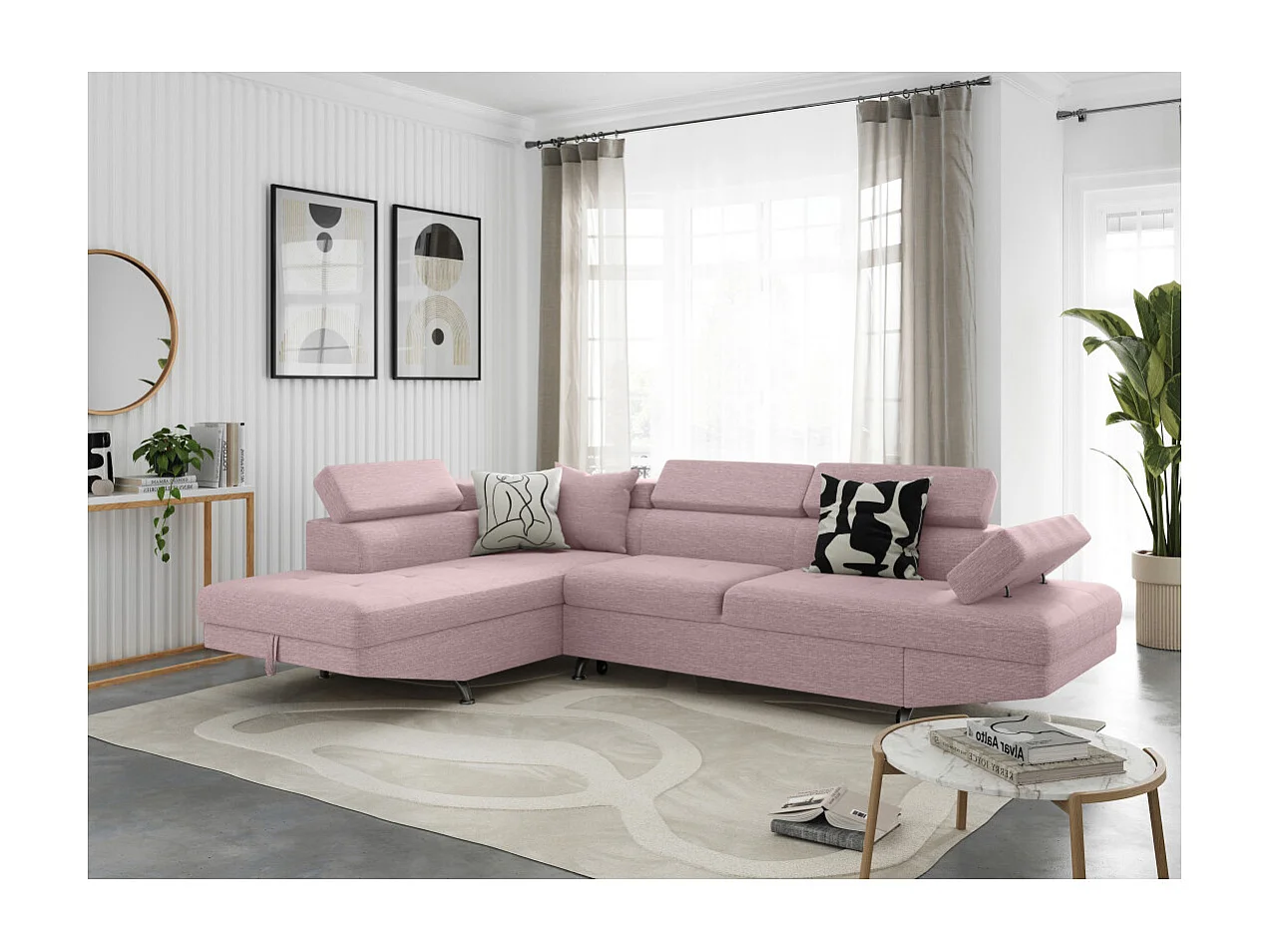 Canapé d'angle gauche 5 places Rio convertible avec coffre en tissu - Vieux rose - L271 x P192 x H70cm - Loungitude