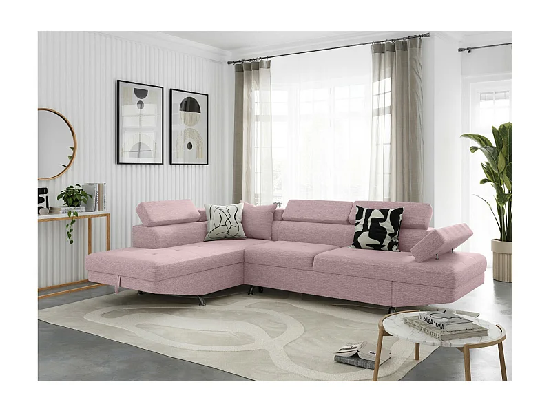 Canapé d'angle gauche 5 places Rio convertible avec coffre en tissu - Vieux rose - L271 x P192 x H70cm - Loungitude