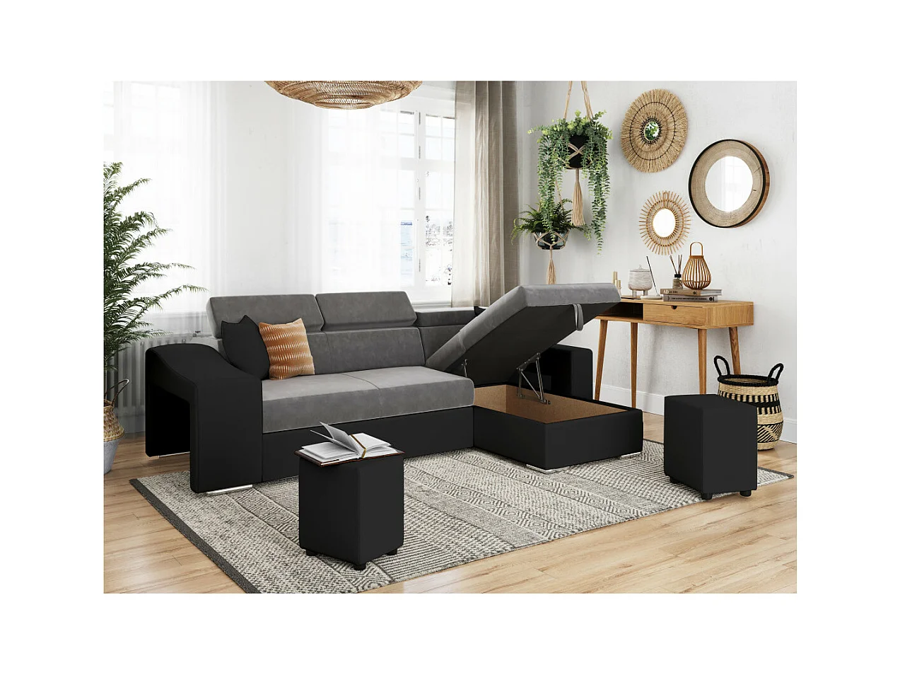 Canapé d'angle Elona convertible bi-matière Gris et Noir avec poufs de rangement à gauche - L264 x P162 x H75cm - Loungitude