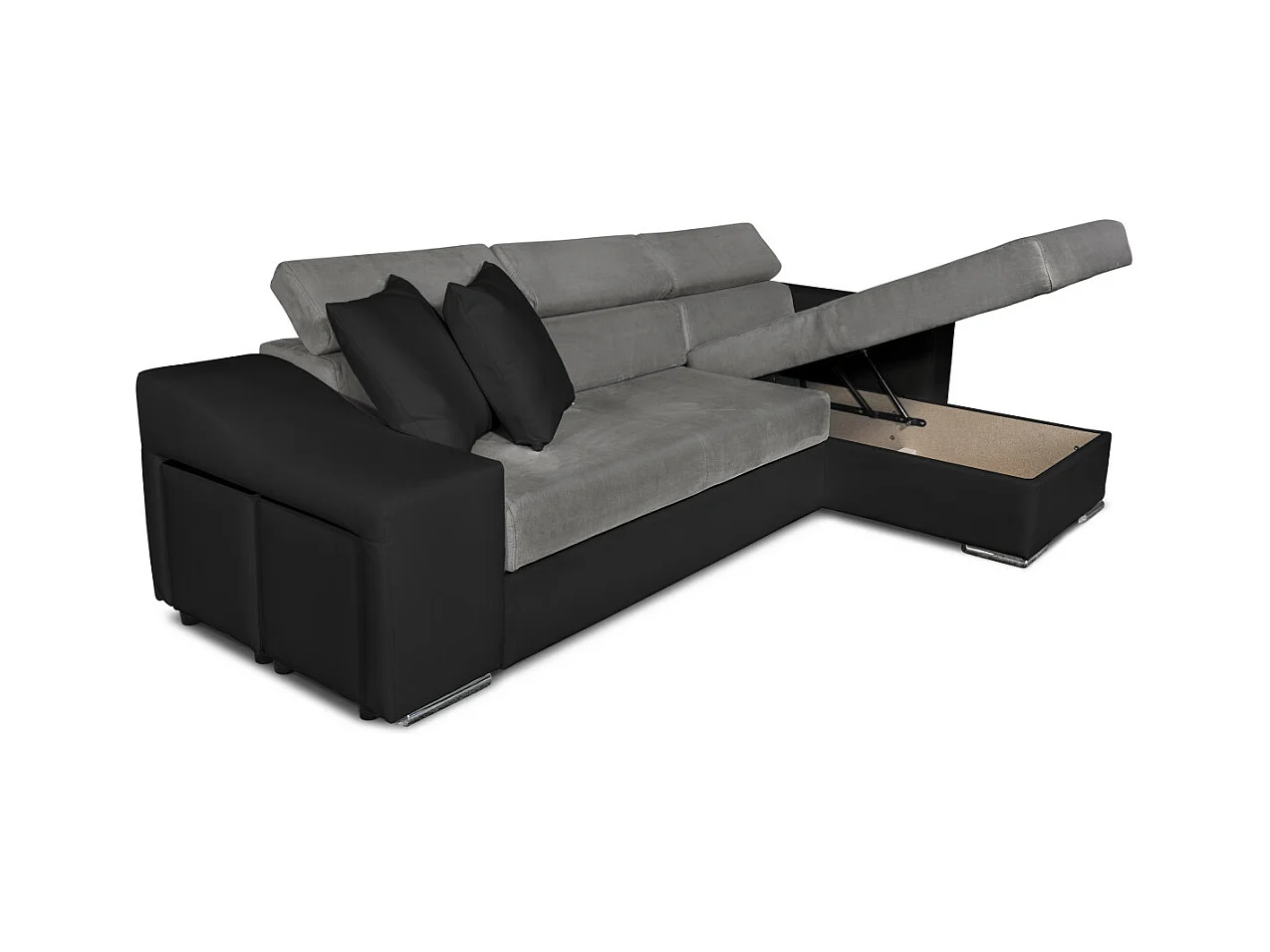 Canapé d'angle Elona convertible bi-matière Gris et Noir avec poufs de rangement à gauche - L264 x P162 x H75cm - Loungitude