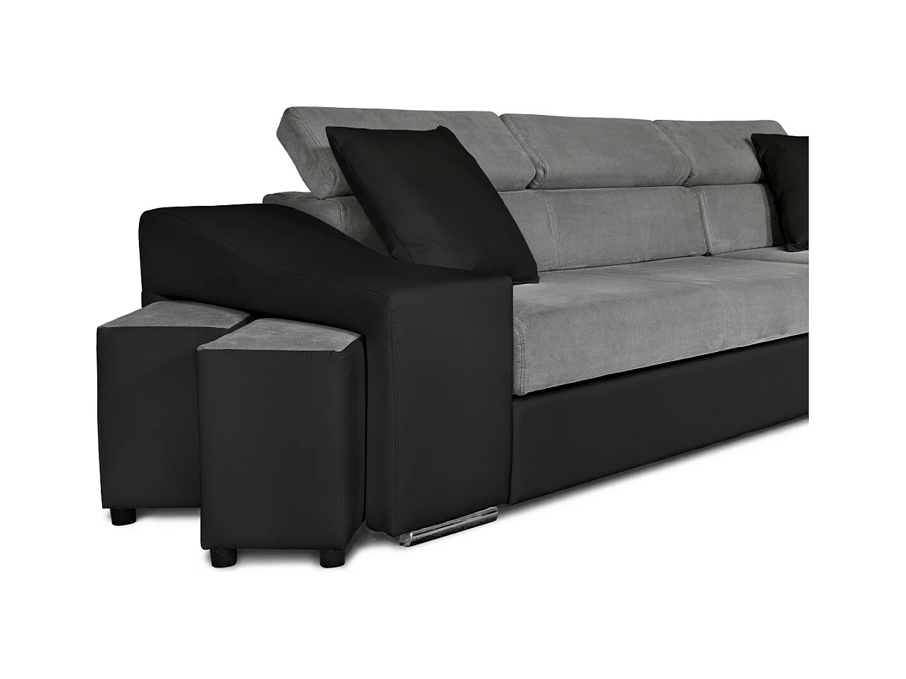 Canapé d'angle Elona convertible bi-matière Gris et Noir avec poufs de rangement à gauche - L264 x P162 x H75cm - Loungitude