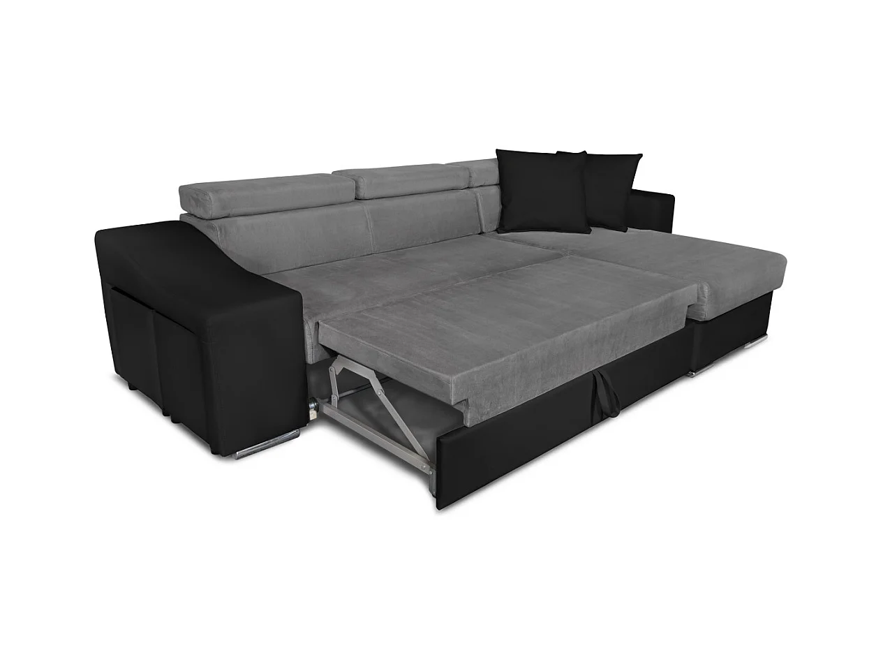 Canapé d'angle Elona convertible bi-matière Gris et Noir avec poufs de rangement à gauche - L264 x P162 x H75cm - Loungitude