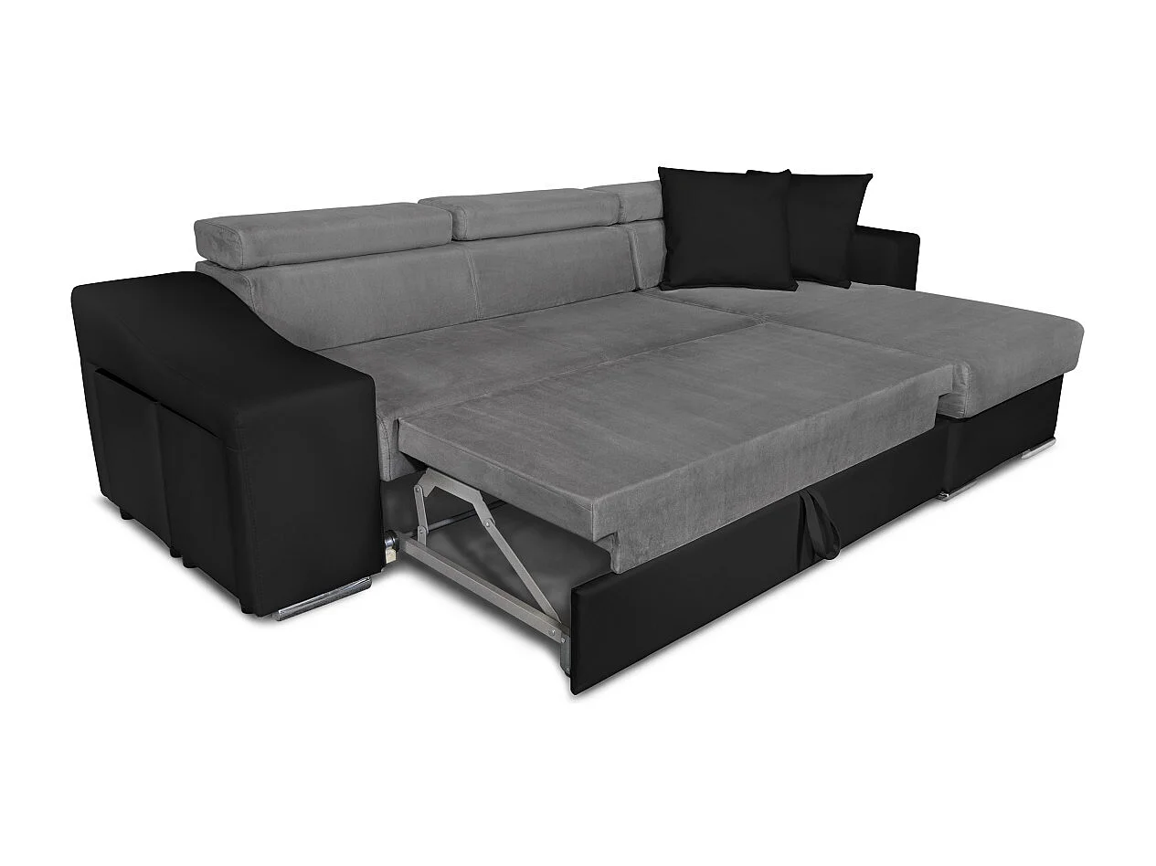 Canapé d'angle Elona convertible bi-matière Gris et Noir avec poufs de rangement à gauche - L264 x P162 x H75cm - Loungitude