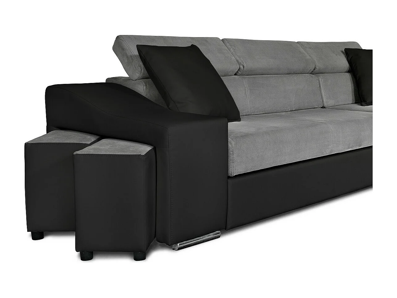 Canapé d'angle Elona convertible bi-matière Gris et Noir avec poufs de rangement à gauche - L264 x P162 x H75cm - Loungitude