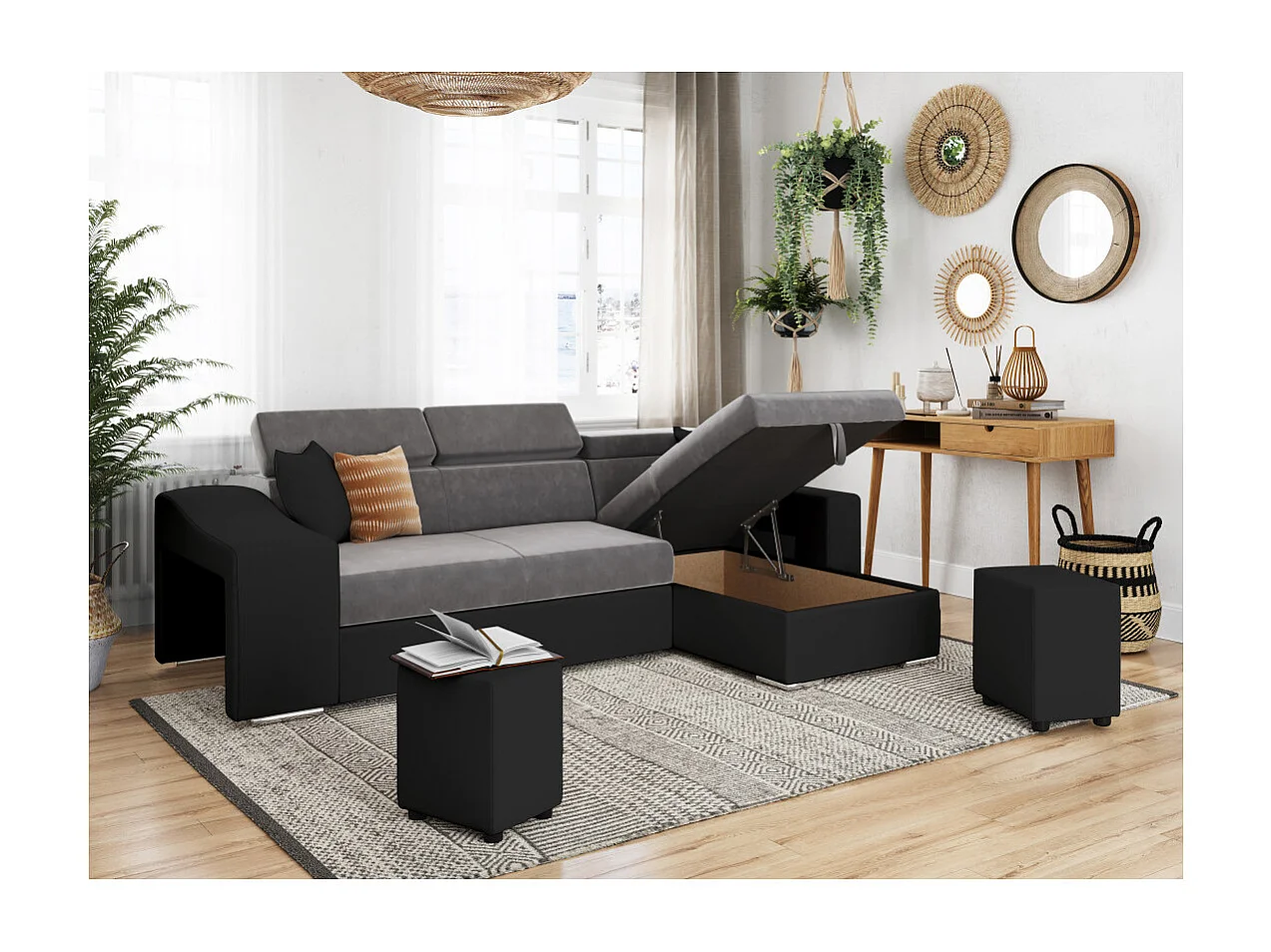 Canapé d'angle Elona convertible bi-matière Gris et Noir avec poufs de rangement à gauche - L264 x P162 x H75cm - Loungitude