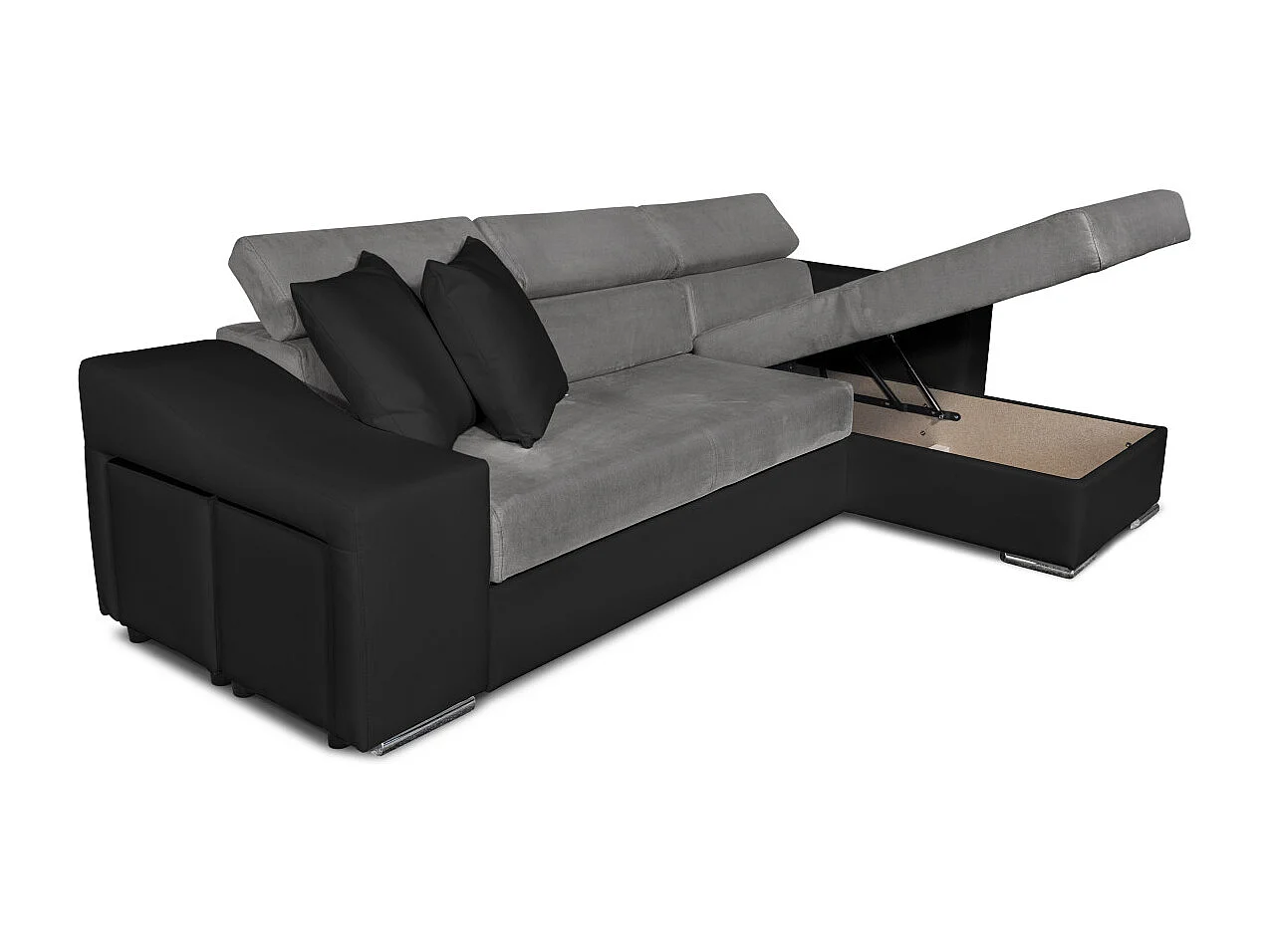 Canapé d'angle Elona convertible bi-matière Gris et Noir avec poufs de rangement à gauche - L264 x P162 x H75cm - Loungitude