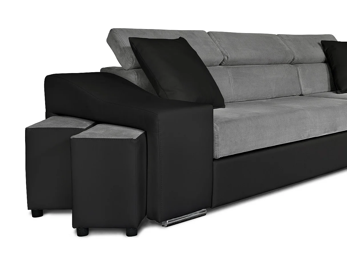 Canapé d'angle Elona convertible bi-matière Gris et Noir avec poufs de rangement à gauche - L264 x P162 x H75cm - Loungitude