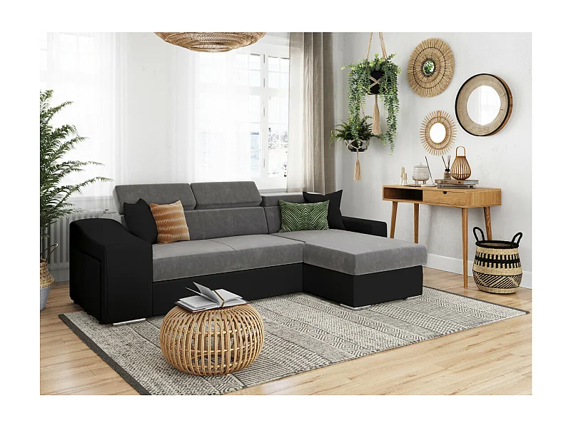 Canapé d'angle Elona convertible bi-matière Gris et Noir avec poufs de rangement à gauche - L264 x P162 x H75cm - Loungitude