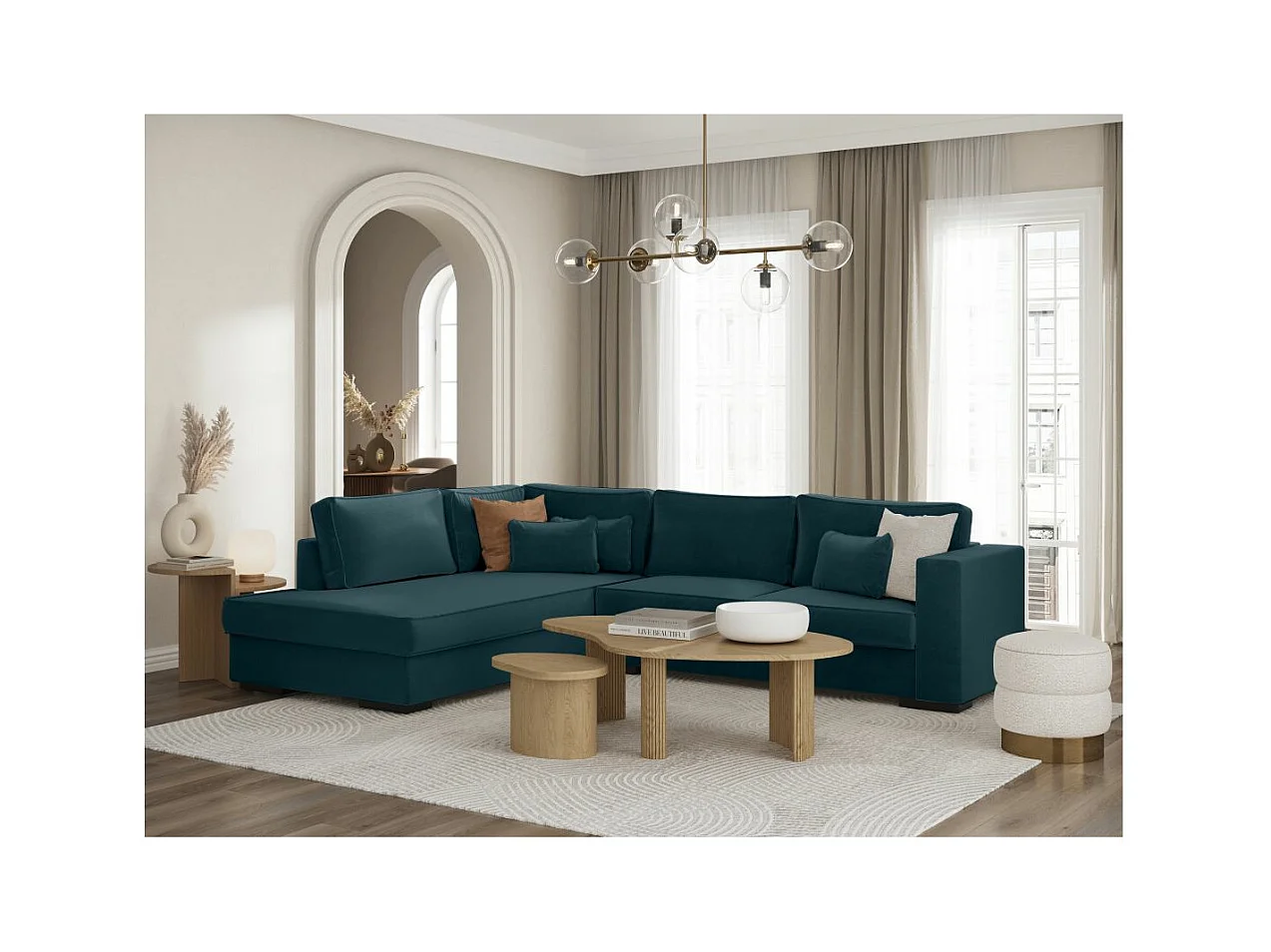 Canapé d'angle gauche XXL 6 places Belami en tissu - Bleu pétrole - L303 x 228 x 86cm - Loungitude