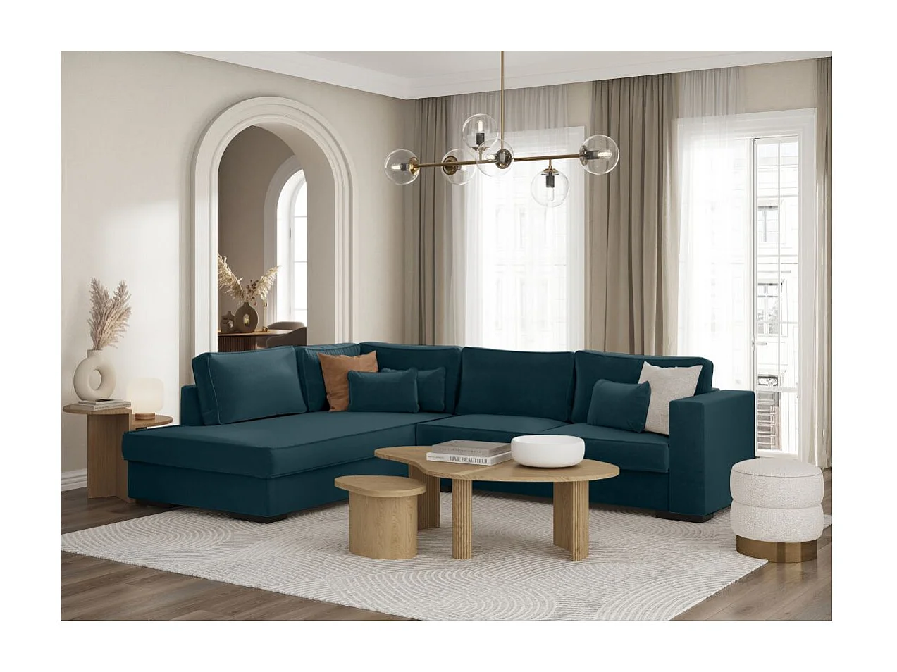 Canapé d'angle gauche XXL 6 places Belami en tissu - Bleu pétrole - L303 x 228 x 86cm - Loungitude