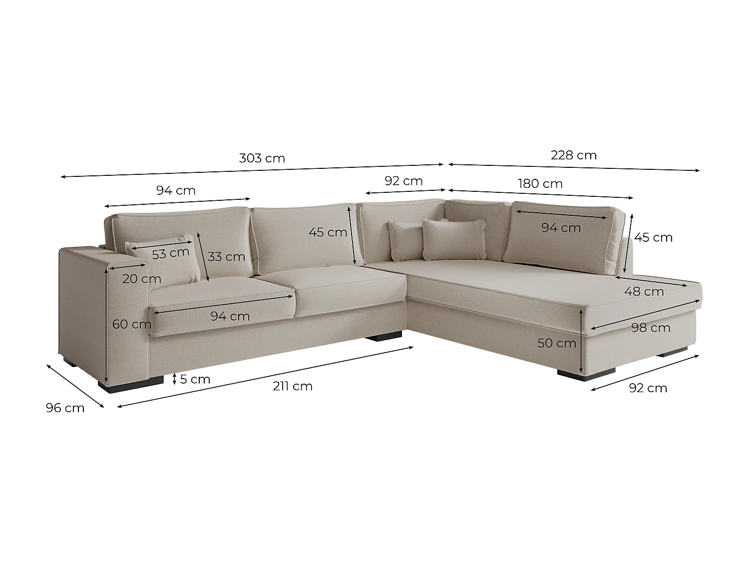 Canapé d'angle gauche XXL 6 places Belami en tissu - Bleu pétrole - L303 x 228 x 86cm - Loungitude
