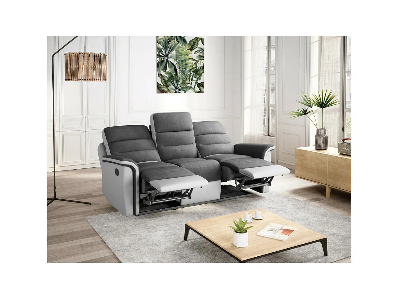 Canapé de Relaxation 3 places en Microfibre et Simili Léon - Blanc et gris - L191 x 94 x 100cm - Loungitude