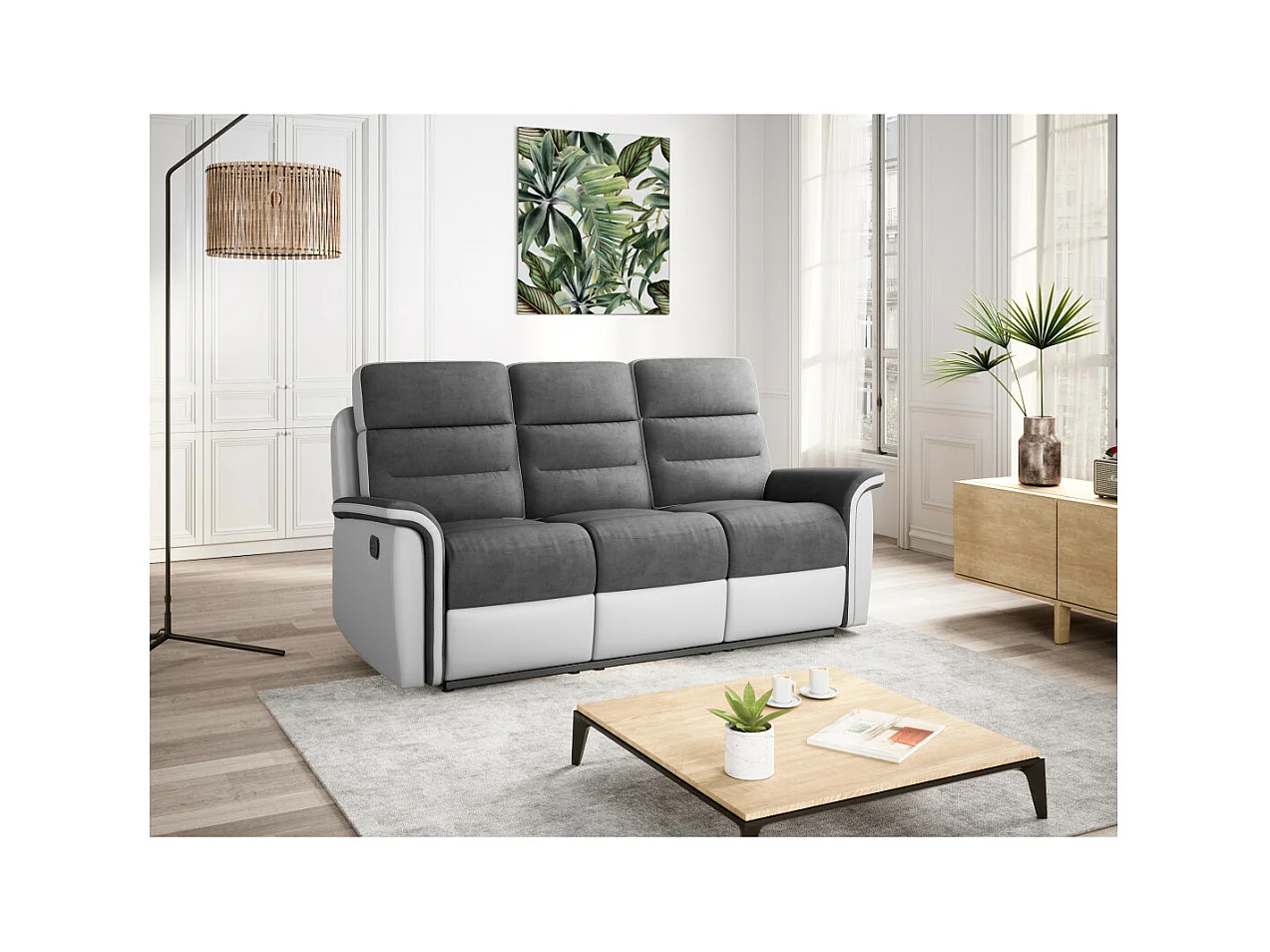 Canapé de Relaxation 3 places en Microfibre et Simili Léon - Blanc et gris - L191 x 94 x 100cm - Loungitude