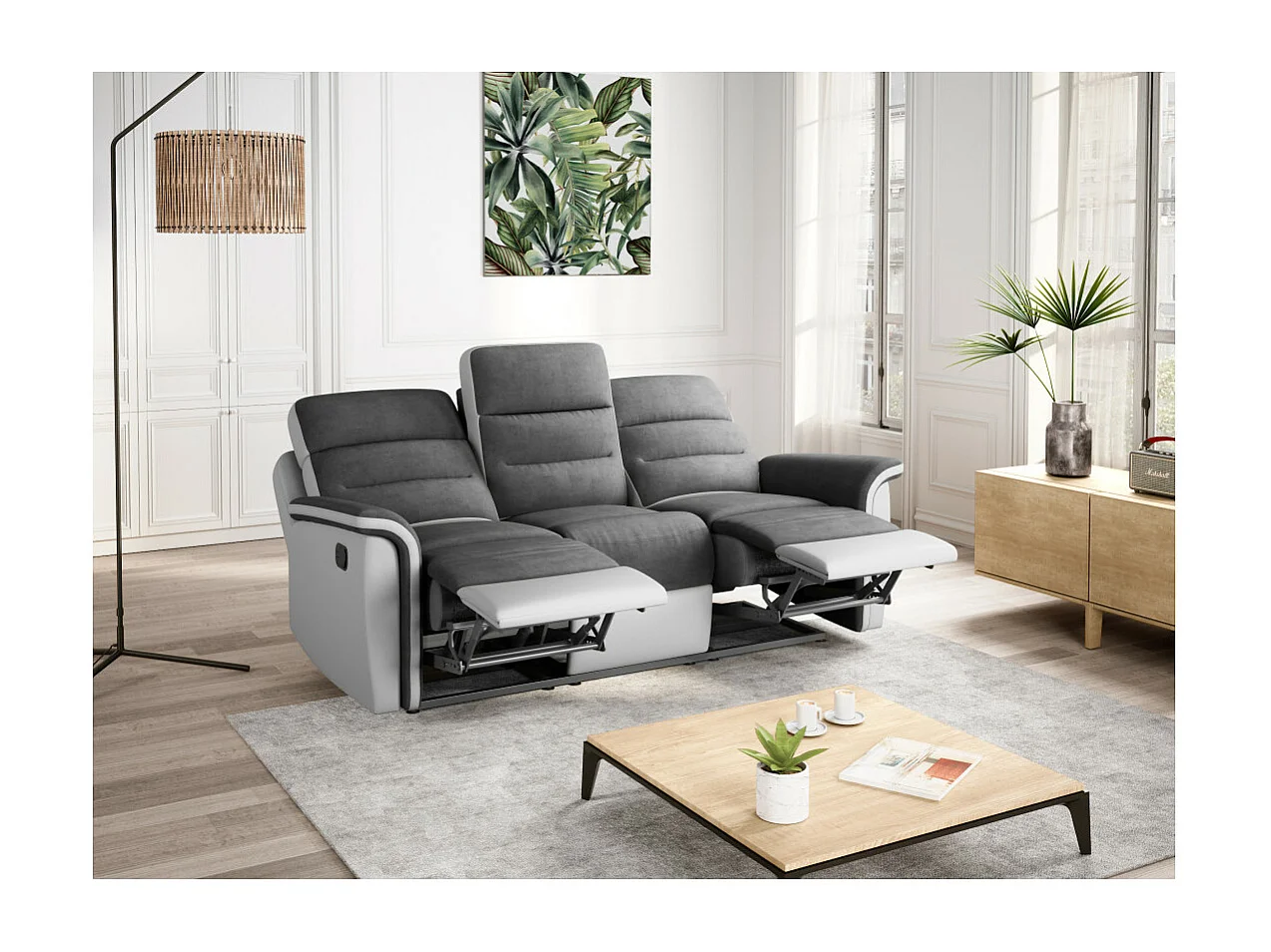 Canapé de Relaxation 3 places en Microfibre et Simili Léon - Blanc et gris - L191 x 94 x 100cm - Loungitude