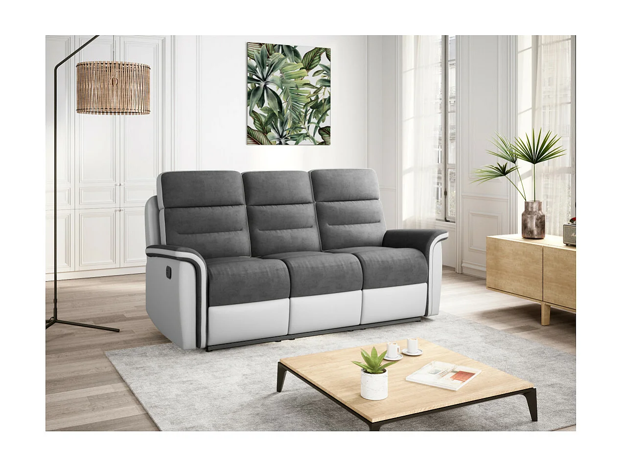 Canapé de Relaxation 3 places en Microfibre et Simili Léon - Blanc et gris - L191 x 94 x 100cm - Loungitude