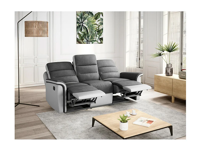Canapé de Relaxation 3 places en Microfibre et Simili Léon - Blanc et gris - L191 x 94 x 100cm - Loungitude