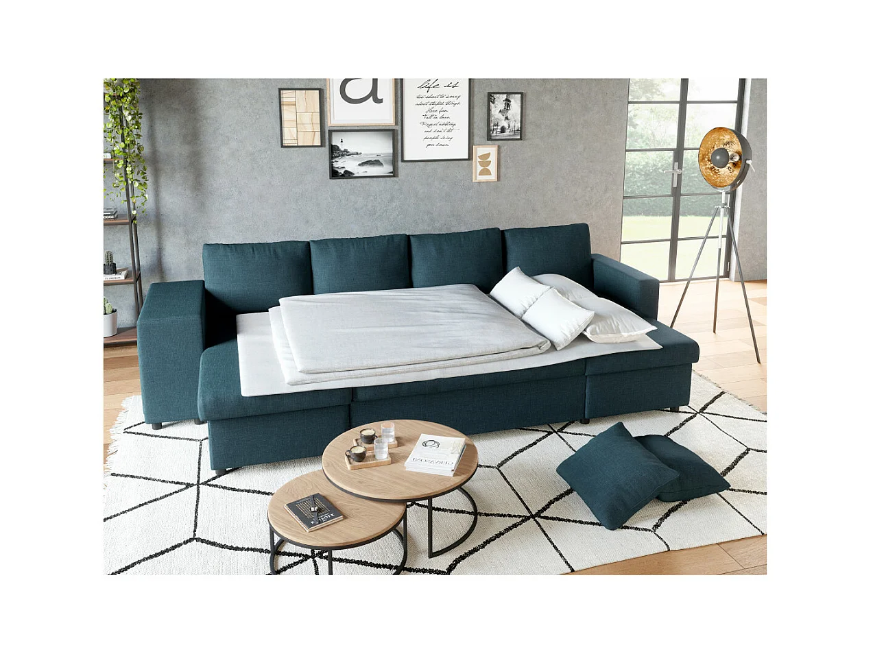 Canapé d'angle panoramique Oslo convertible avec coffres et poufs à gauche - Tissu - Bleu pétrole - L311 x P146 x H81cm - Loungitude