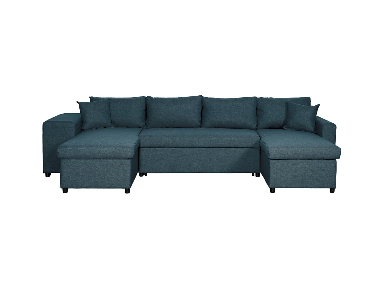 Canapé d'angle panoramique Oslo convertible avec coffres et poufs à gauche - Tissu - Bleu pétrole - L311 x P146 x H81cm - Loungitude